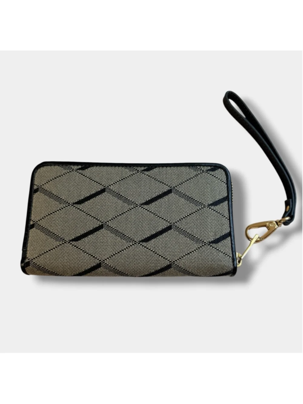 Fossil Zip Around Wristlet Wallet Black Tan Canvas Leather Trim Gold Hardware